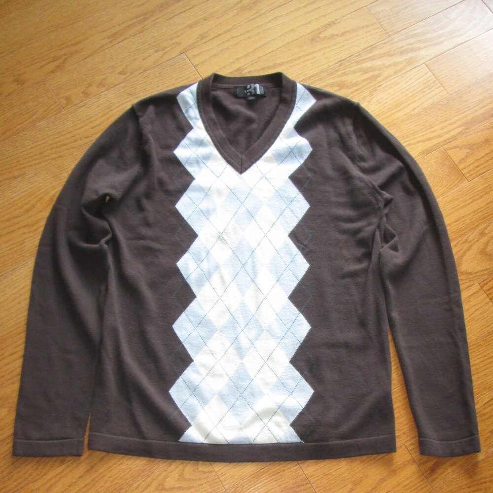 Men's Simons 100% Cotton Brown V-neck Argyle Sweater Size Small